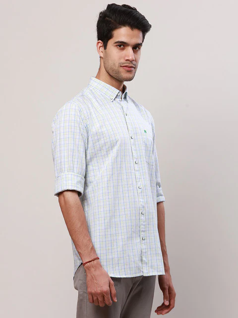 Raymond Men Blue Checks Contemporary Fit Cotton Casual Shirts - Image 2