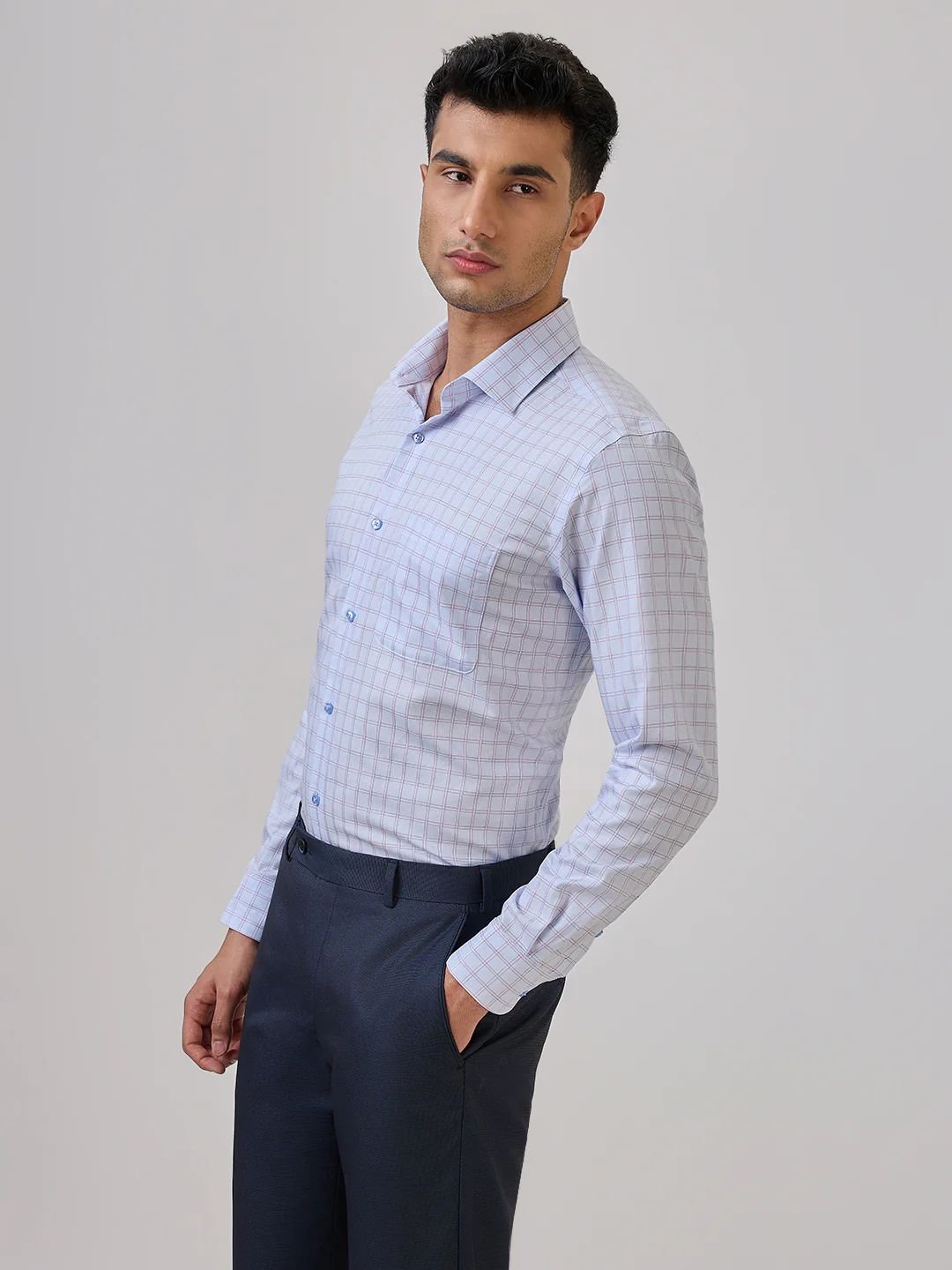 Raymond Men Blue Checks Contemporary Fit Cotton Formal Shirt - Image 2
