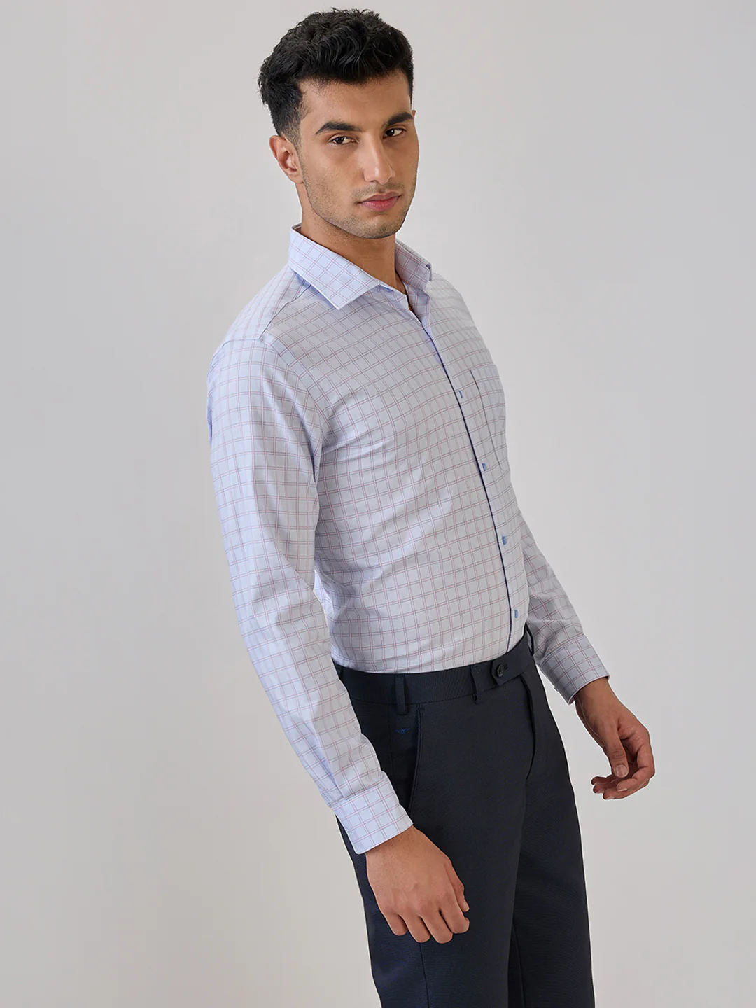 Raymond Men Blue Checks Contemporary Fit Cotton Formal Shirt - Image 3