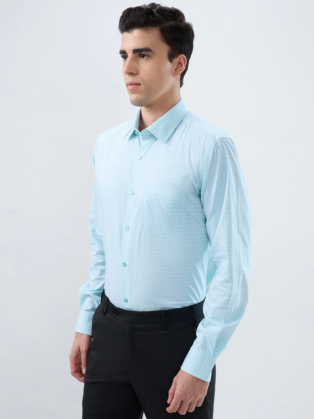Raymond Men Blue Checks Contemporary Fit Cotton Formal Shirt - Image 3