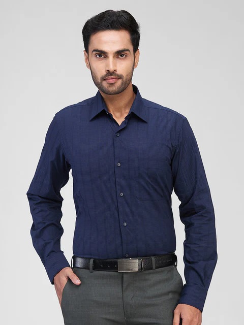 Raymond Men Blue Checks Contemporary Fit Cotton Shirt