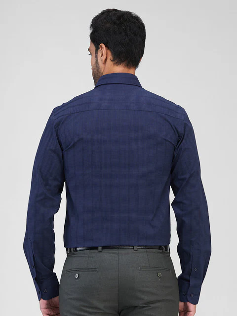 Raymond Men Blue Checks Contemporary Fit Cotton Shirt - Image 3