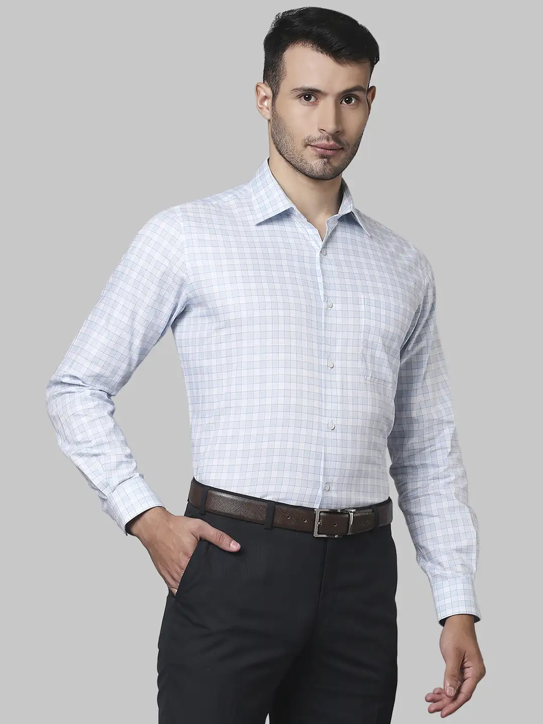 Raymond Men Blue Checks Contemporary Fit Cotton Shirts - Image 2