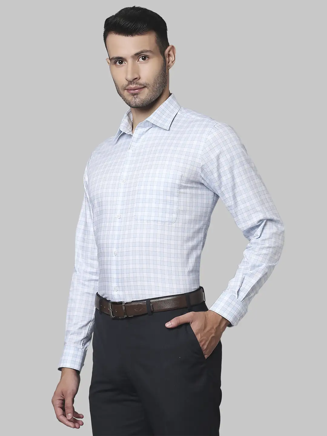 Raymond Men Blue Checks Contemporary Fit Cotton Shirts - Image 3