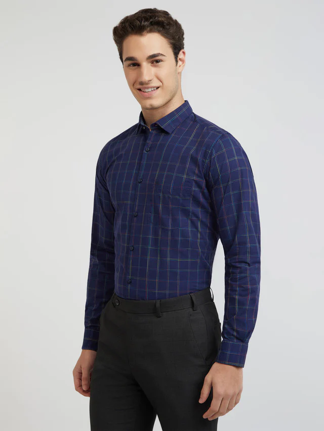 Raymond Men Blue Contemporary Fit Checks Casual Shirt - Image 3