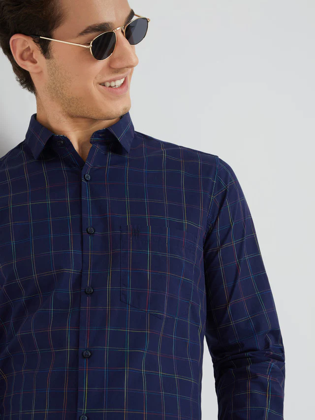 Raymond Men Blue Contemporary Fit Checks Casual Shirt - Image 7
