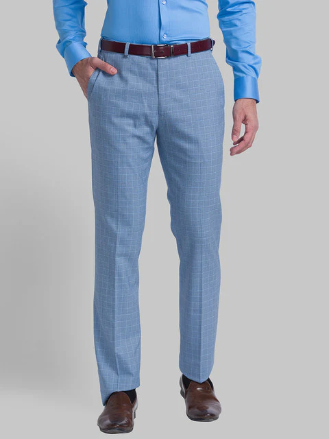 Raymond Men Blue Checks Contemporary Fit Polyester Blend Trouser