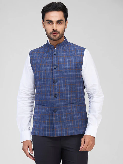Raymond Men Blue Checks Contemporary Fit Polyester Blend Waist Coat