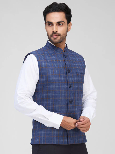 Raymond Men Blue Checks Contemporary Fit Polyester Blend Waist Coat - Image 2