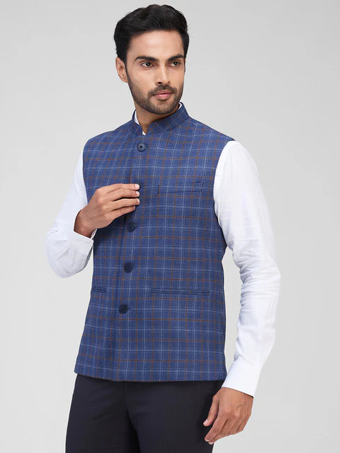Raymond Men Blue Checks Contemporary Fit Polyester Blend Waist Coat - Image 3