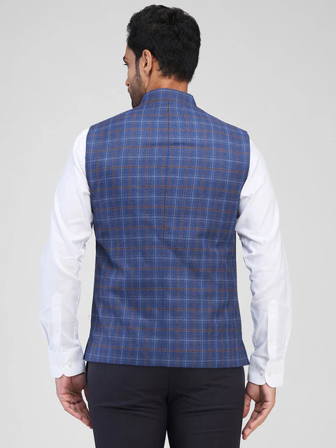 Raymond Men Blue Checks Contemporary Fit Polyester Blend Waist Coat - Image 4