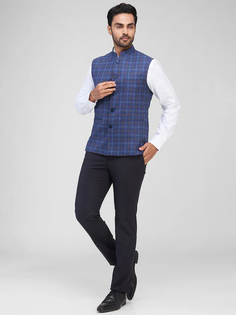 Raymond Men Blue Checks Contemporary Fit Polyester Blend Waist Coat - Image 5