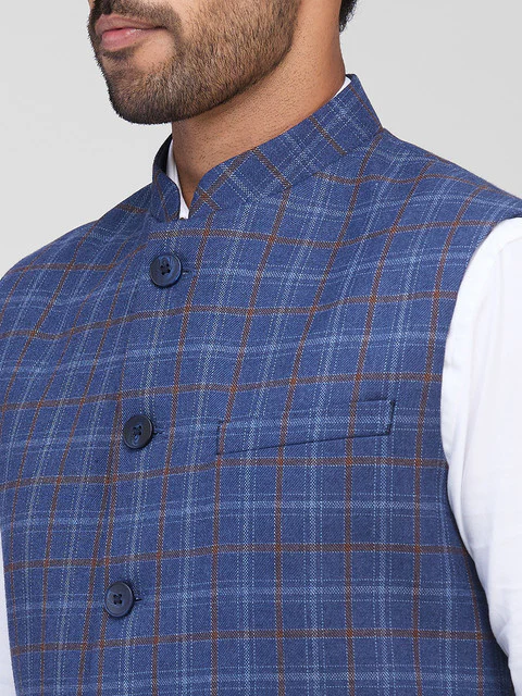 Raymond Men Blue Checks Contemporary Fit Polyester Blend Waist Coat - Image 6