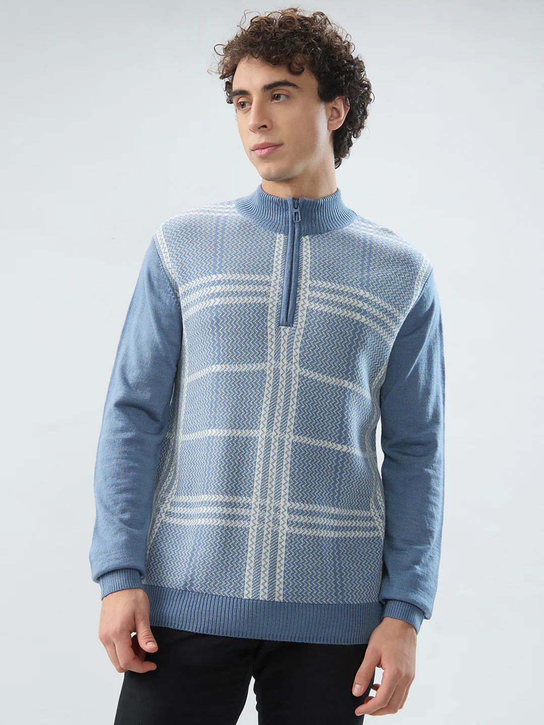 Raymond Men Blue Checks Regular Fit Acrlic Blend Sweatshirt
