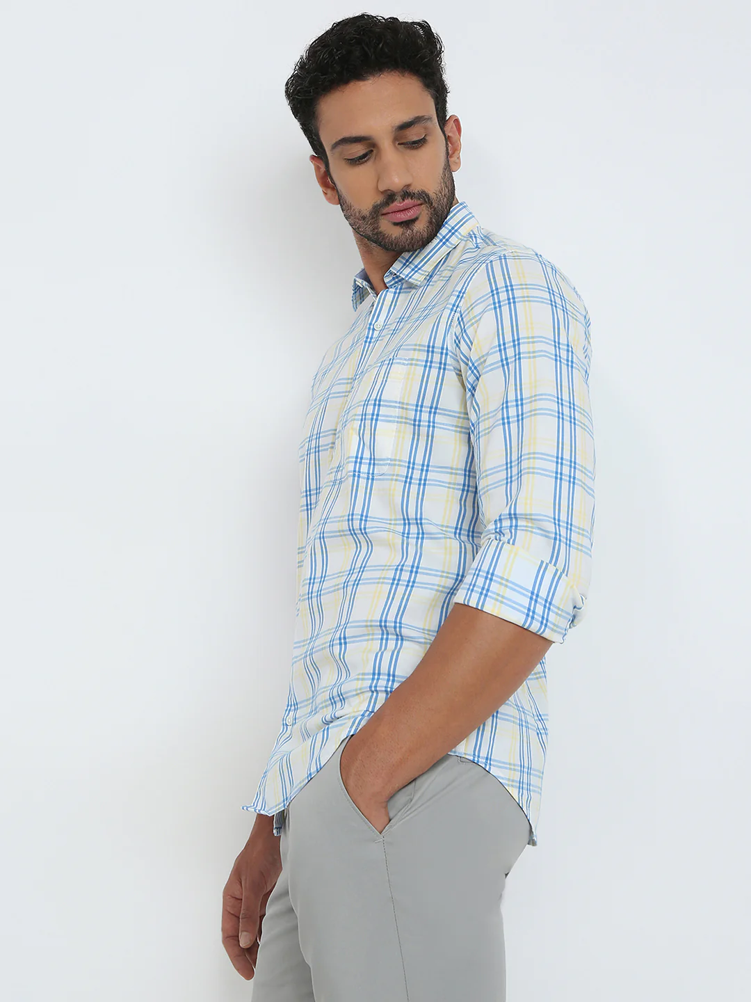 Raymond Men Blue Checks Regular Fit Cotton Blend Casual Shirt - Image 3