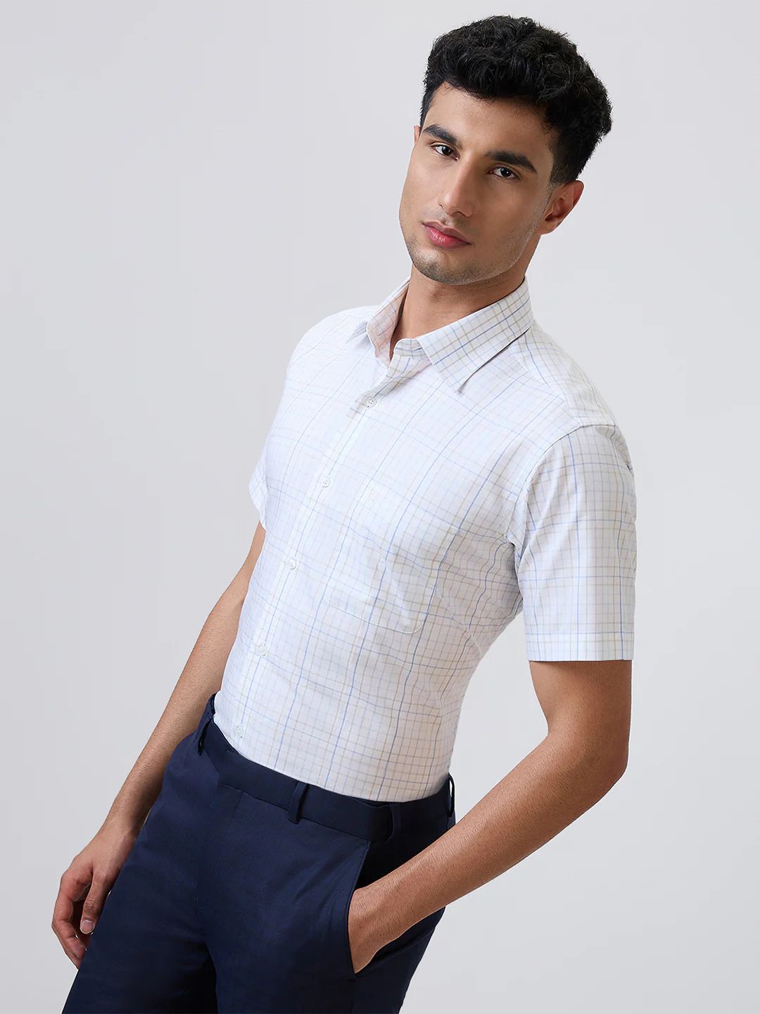 Raymond Men Blue Checks Regular Fit Cotton Formal Shirt - Image 2