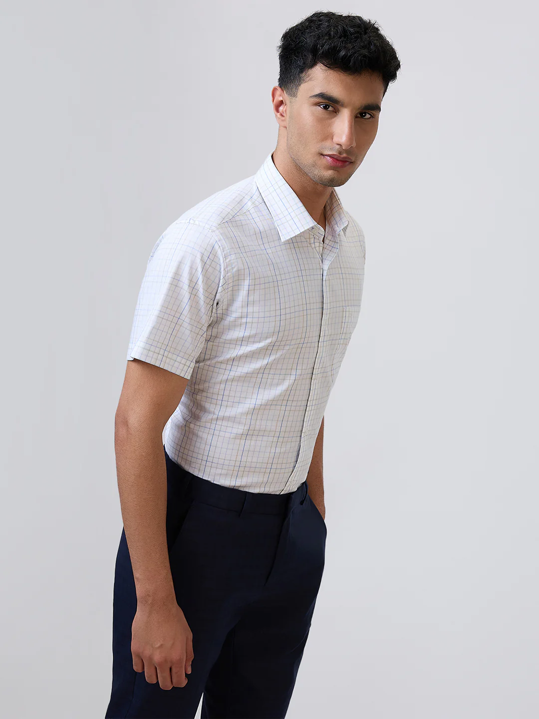 Raymond Men Blue Checks Regular Fit Cotton Formal Shirt - Image 3