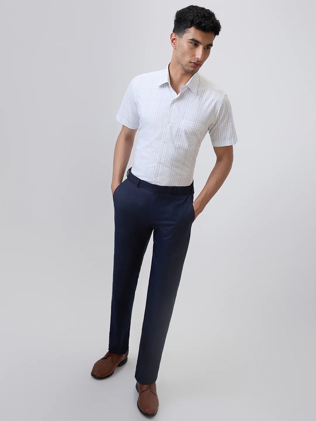 Raymond Men Blue Checks Regular Fit Cotton Formal Shirt - Image 5