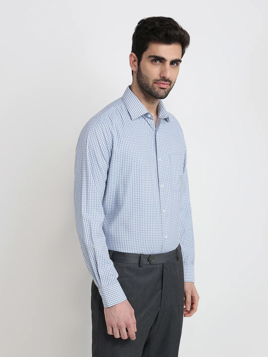 Raymond Men Blue Checks Slim Fit Bamboo Blend Full Sleeve Formal Shirt - Image 3