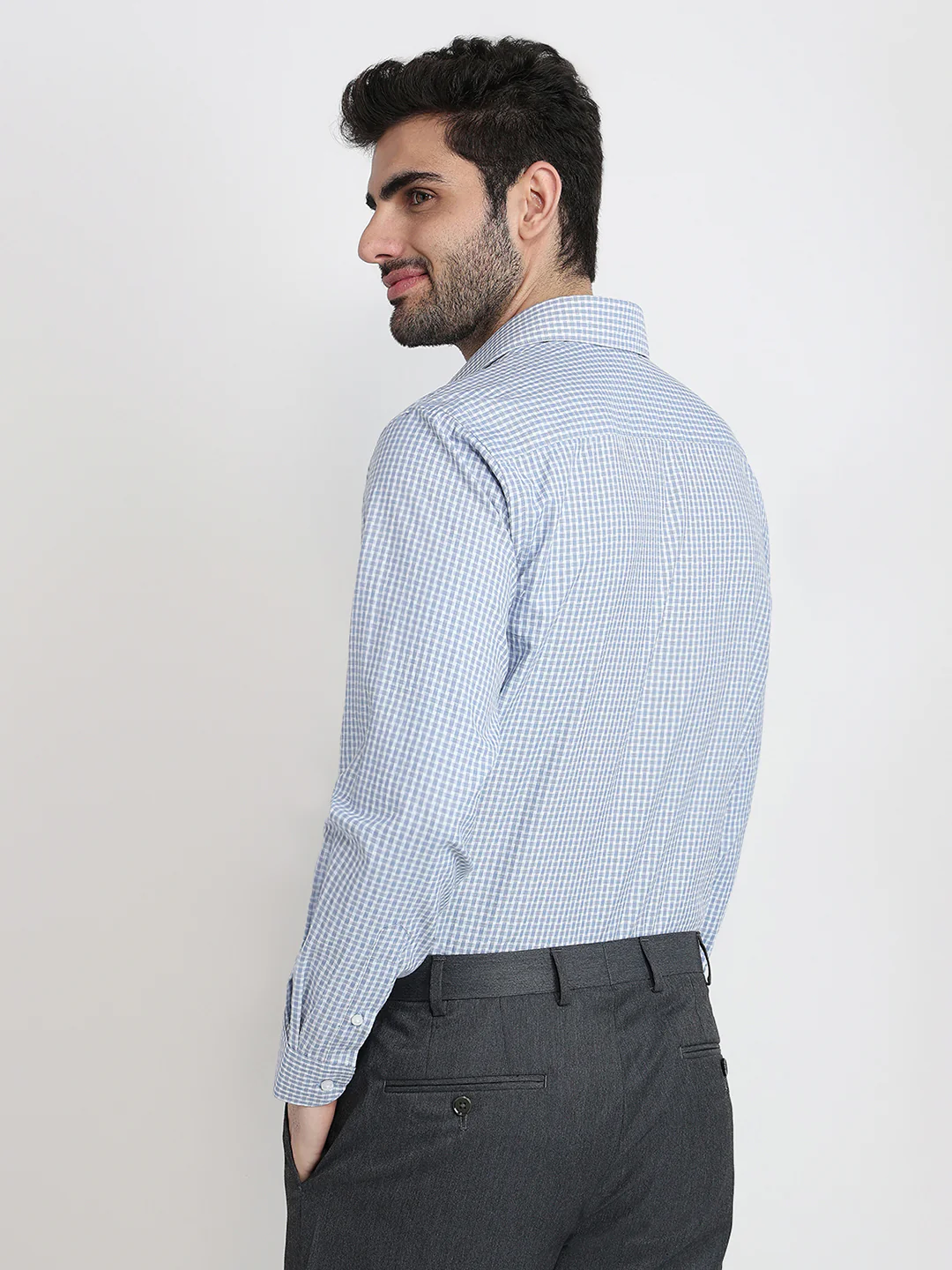 Raymond Men Blue Checks Slim Fit Bamboo Blend Full Sleeve Formal Shirt - Image 4