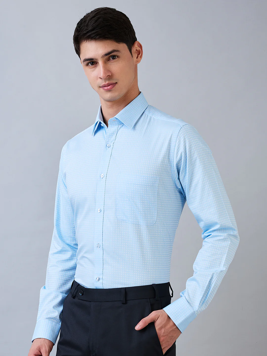 Raymond Men Blue Checks Slim Fit Cotton Blend Shirt - Image 2