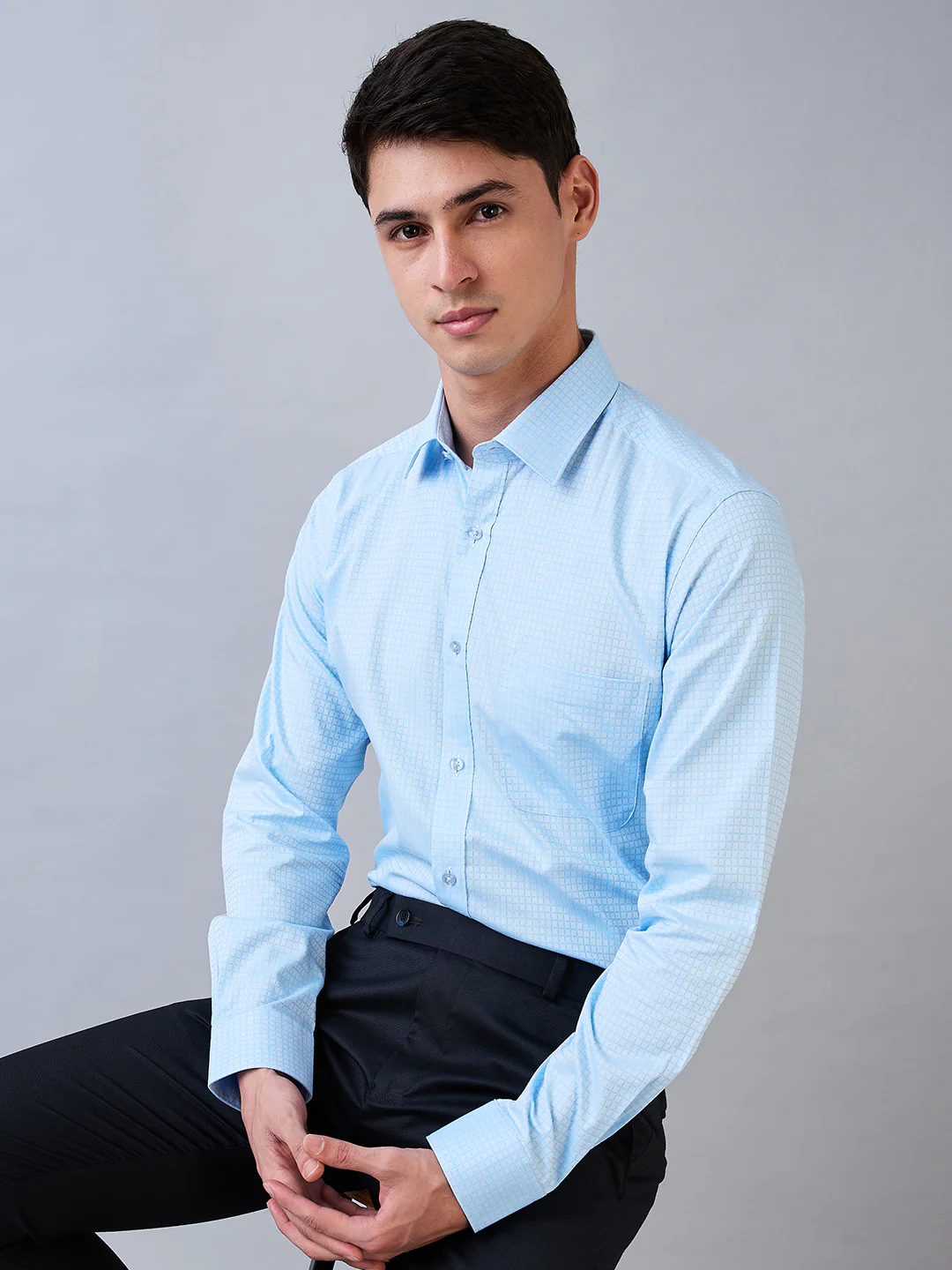 Raymond Men Blue Checks Slim Fit Cotton Blend Shirt - Image 6