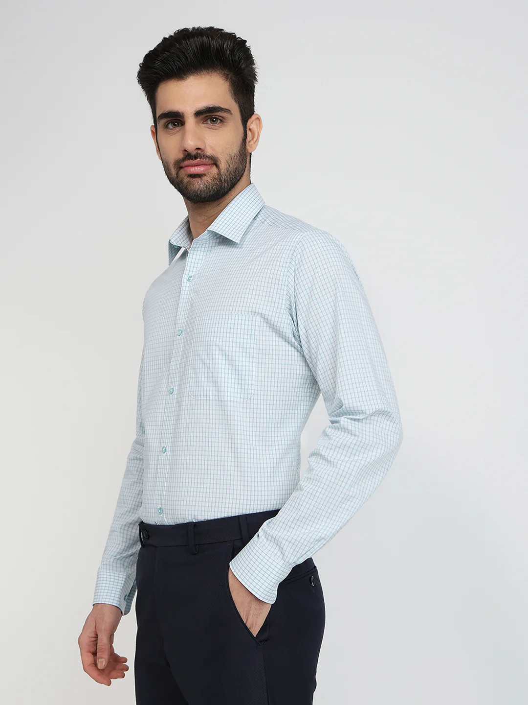 Raymond Men Blue Checks Slim Fit Cotton Blend Shirt - Image 2