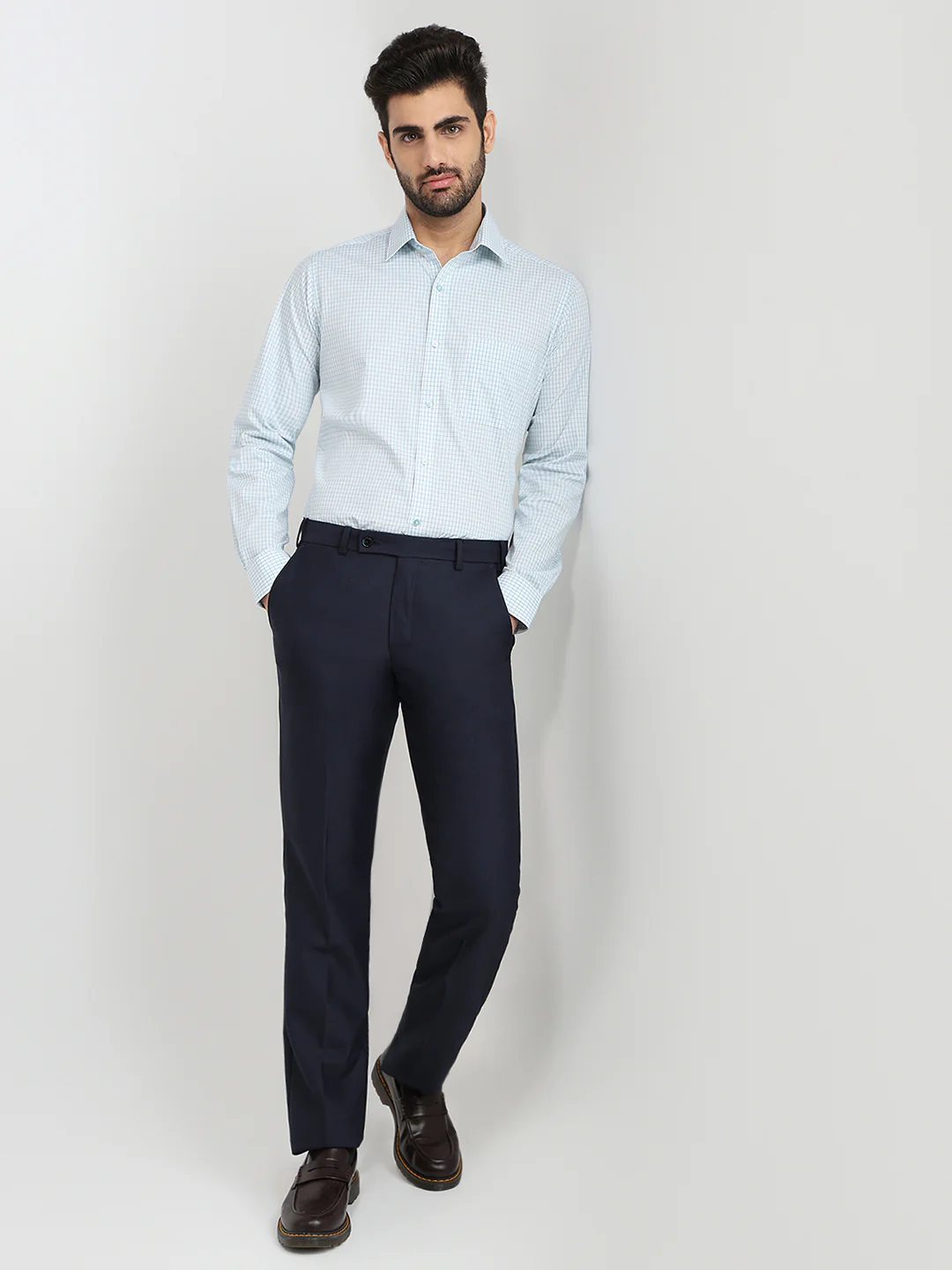 Raymond Men Blue Checks Slim Fit Cotton Blend Shirt - Image 5