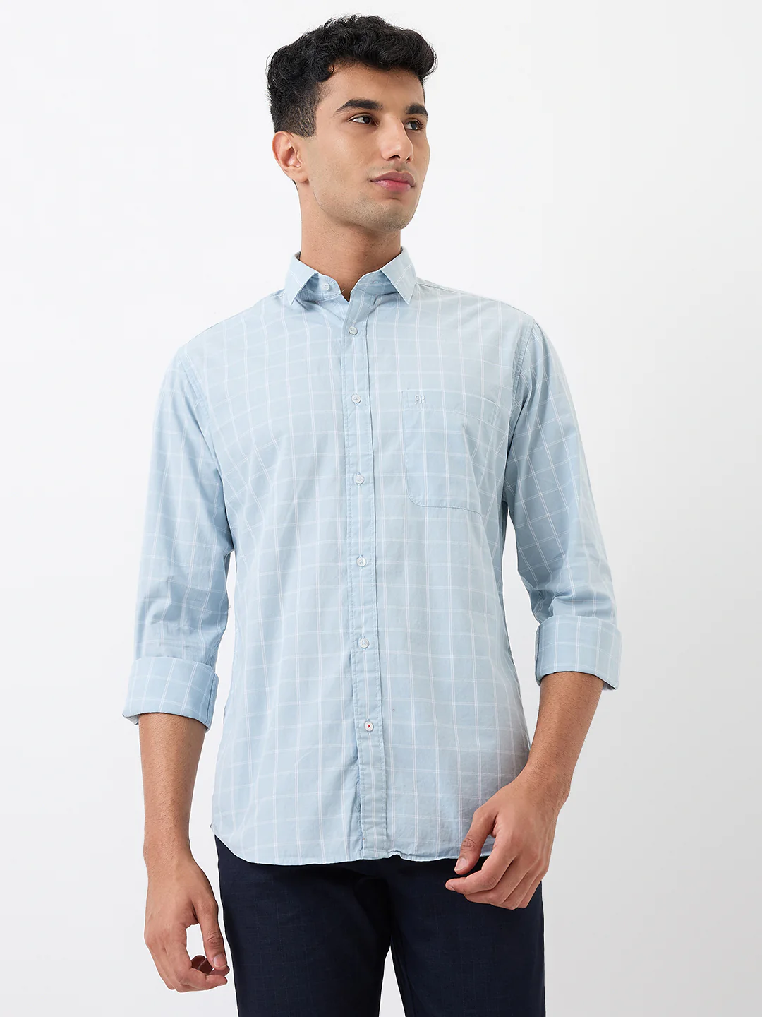 Raymond Men Blue Checks Slim Fit Cotton Casual Shirt