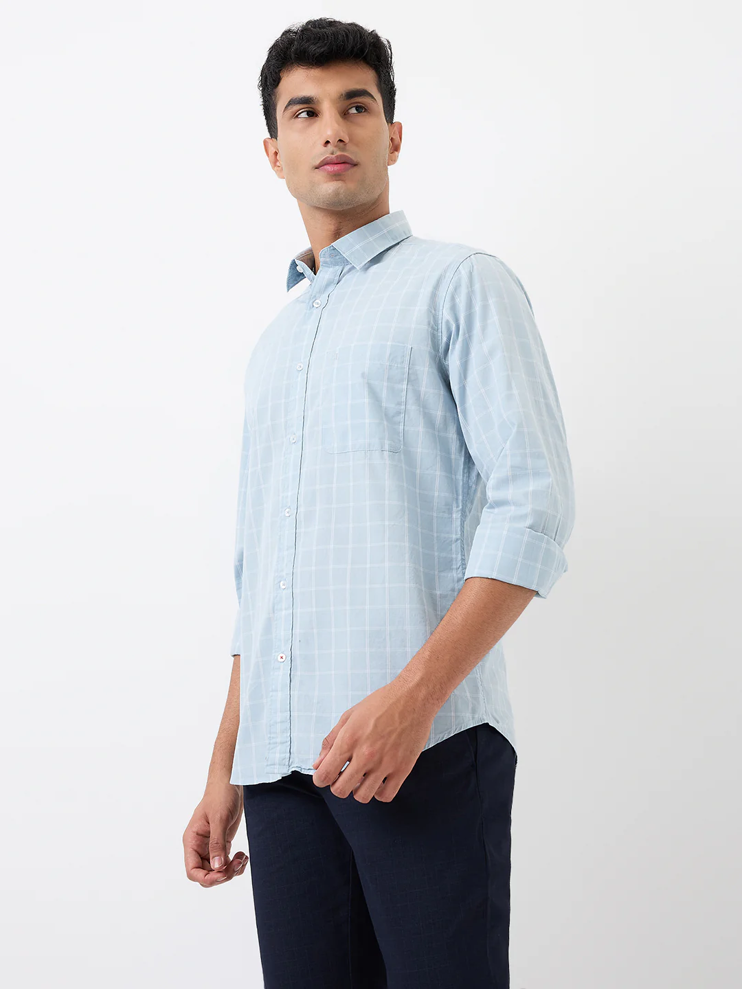 Raymond Men Blue Checks Slim Fit Cotton Casual Shirt - Image 2
