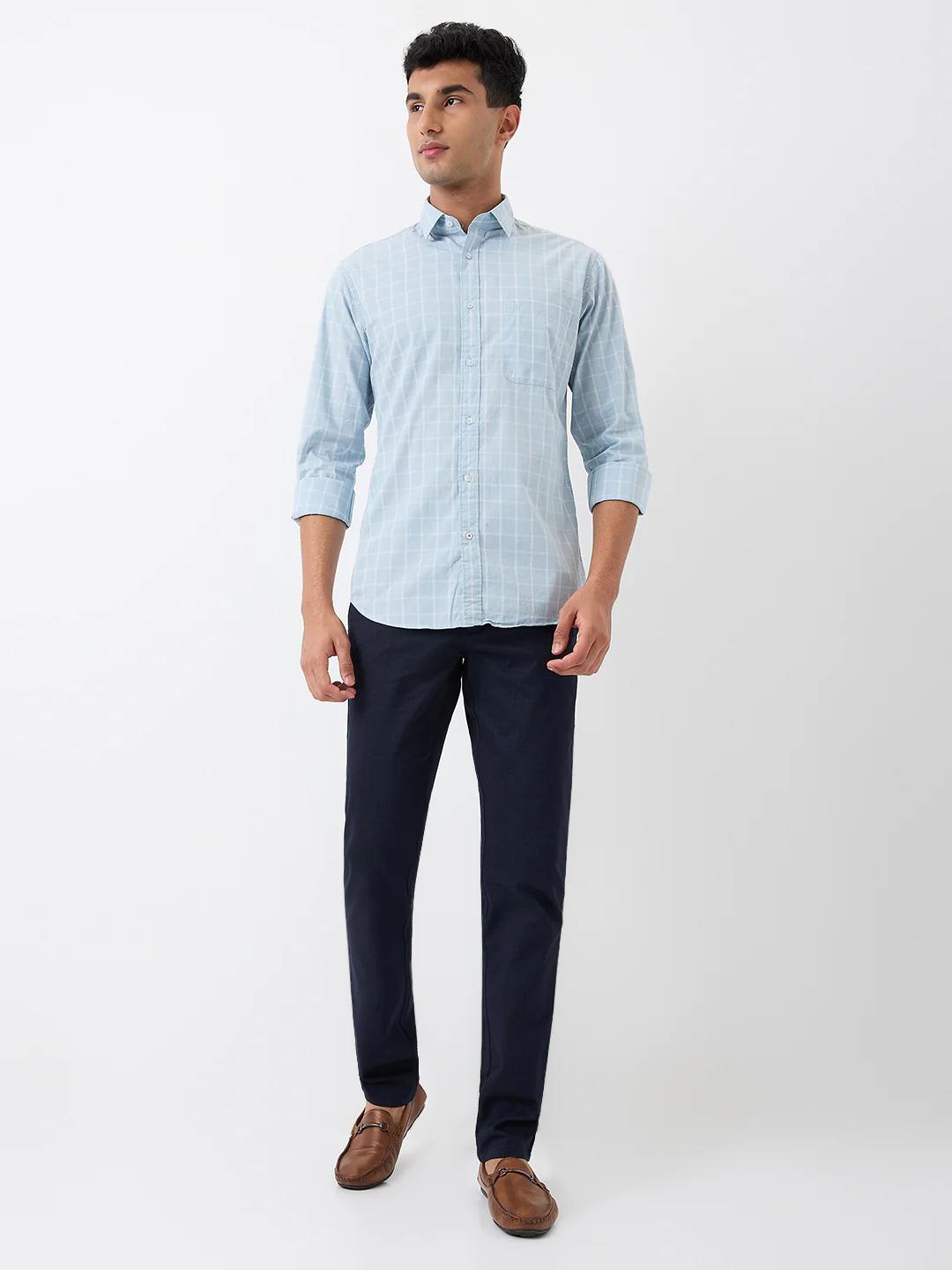 Raymond Men Blue Checks Slim Fit Cotton Casual Shirt - Image 5