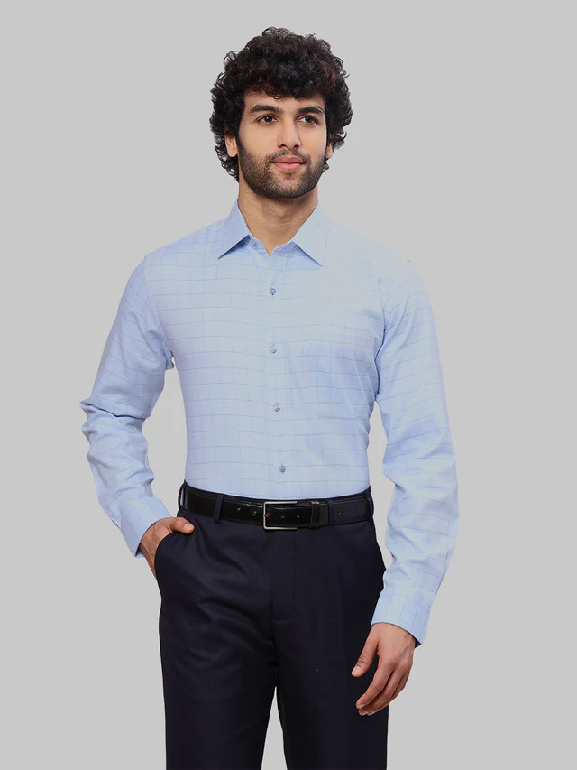 Raymond Men Blue Checks Slim Fit Cotton Formal Shirt