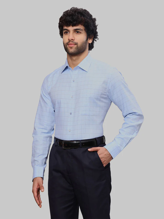 Raymond Men Blue Checks Slim Fit Cotton Formal Shirt - Image 3