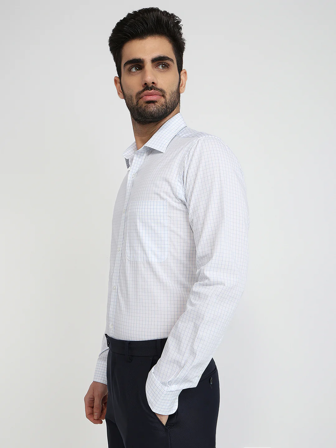 Raymond Men Blue Checks Slim Fit Cotton Formal Shirt - Image 2