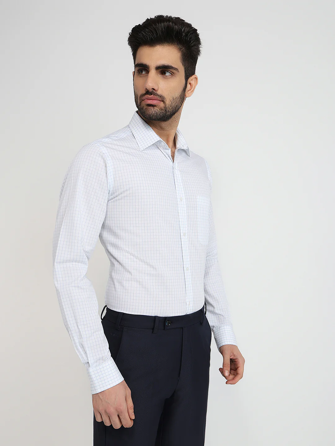 Raymond Men Blue Checks Slim Fit Cotton Formal Shirt - Image 3