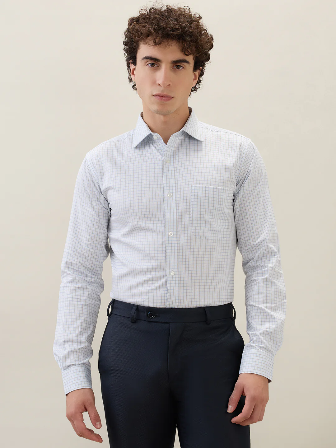 Raymond Men Blue Checks Slim Fit Cotton Formal Shirt