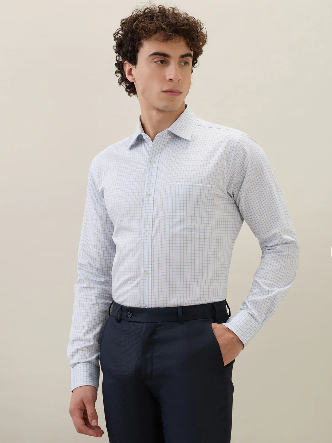 Raymond Men Blue Checks Slim Fit Cotton Formal Shirt - Image 3