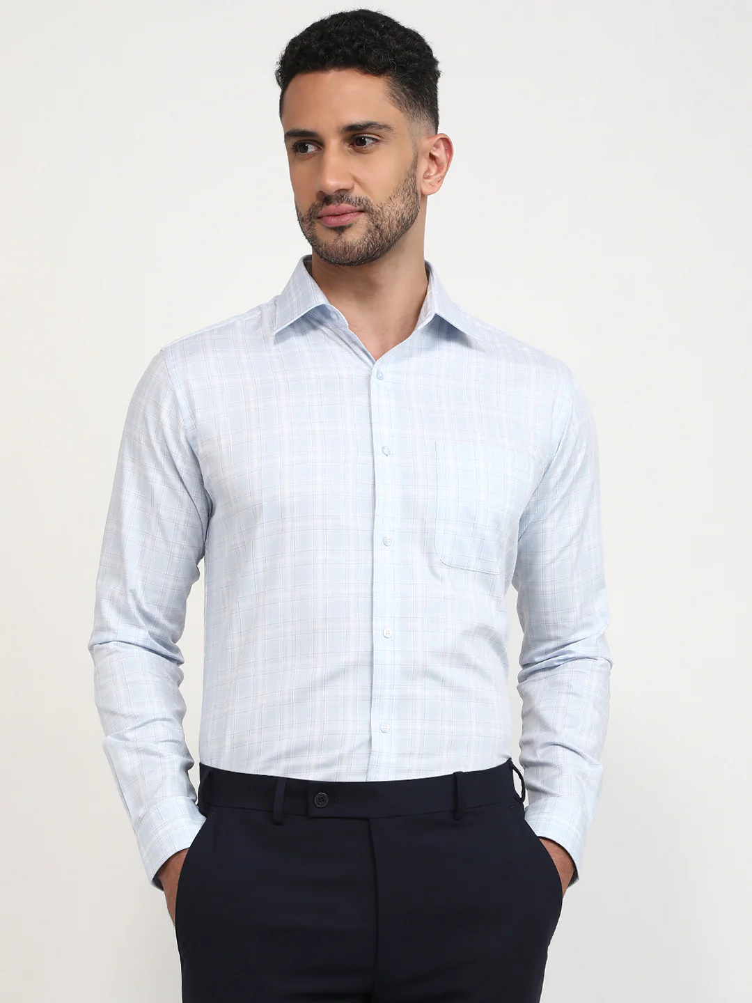 Raymond Men Blue Checks Slim Fit Cotton Formal Shirt