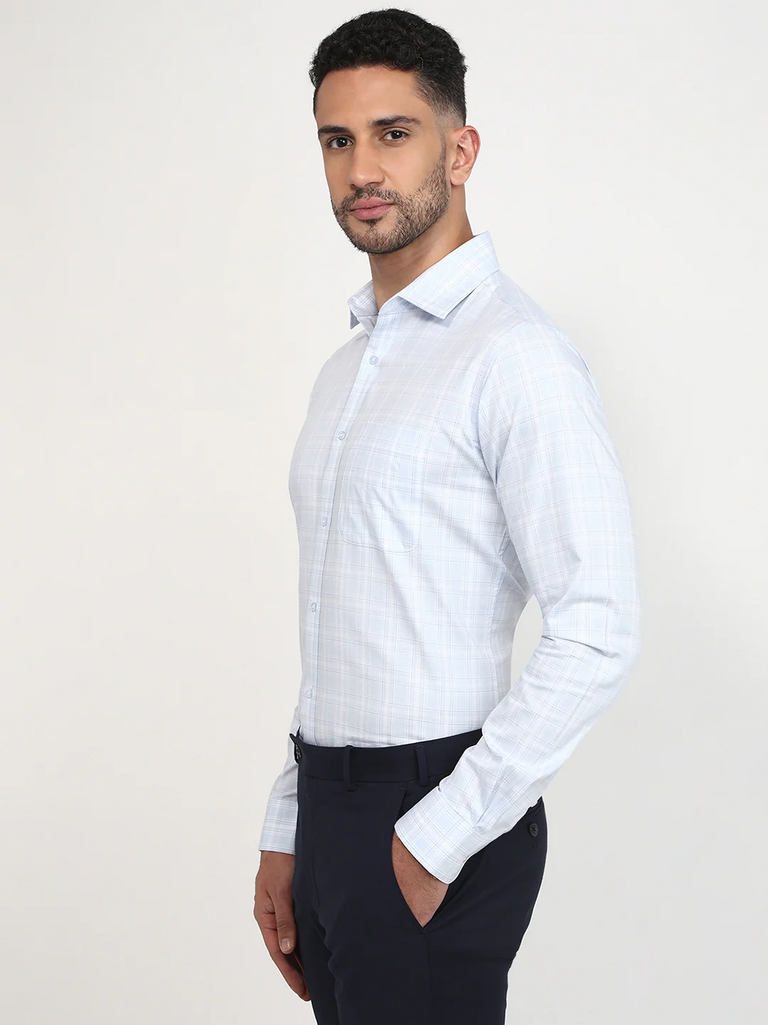 Raymond Men Blue Checks Slim Fit Cotton Formal Shirt - Image 2