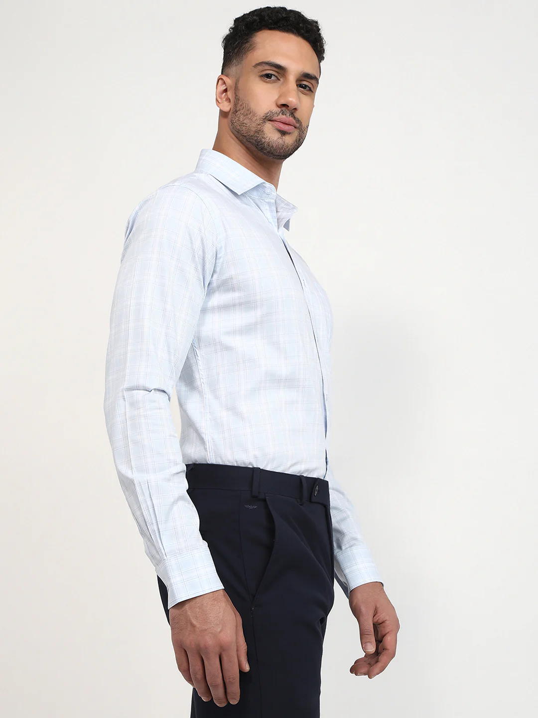 Raymond Men Blue Checks Slim Fit Cotton Formal Shirt - Image 3