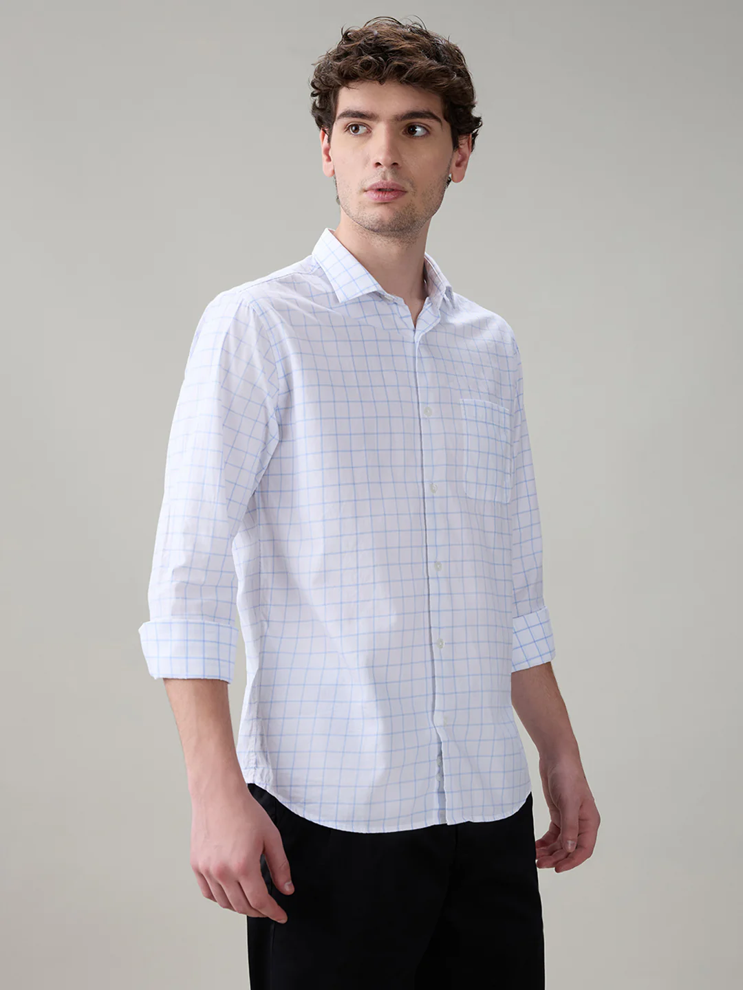 Raymond Men Blue Checks Slim Fit Cotton Full Sleeve Casual Shirt - Image 2