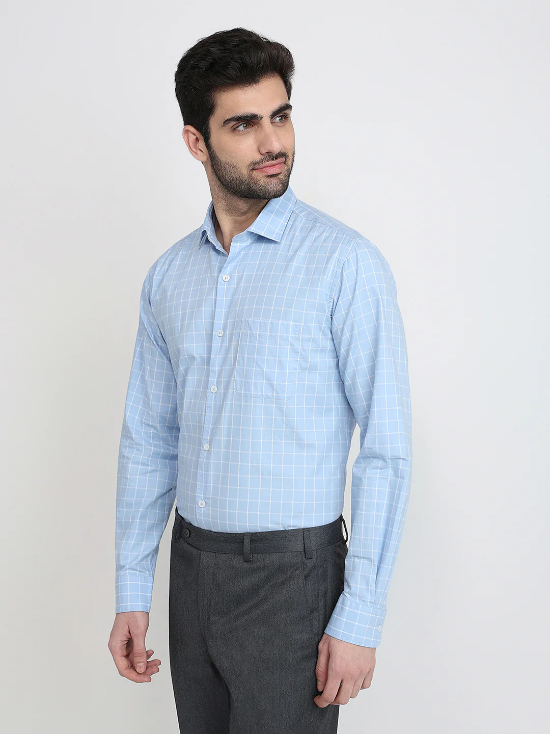 Raymond Men Blue Checks Slim Fit Cotton Full Sleeve Cut Away Collar Casual Shirt - Image 2