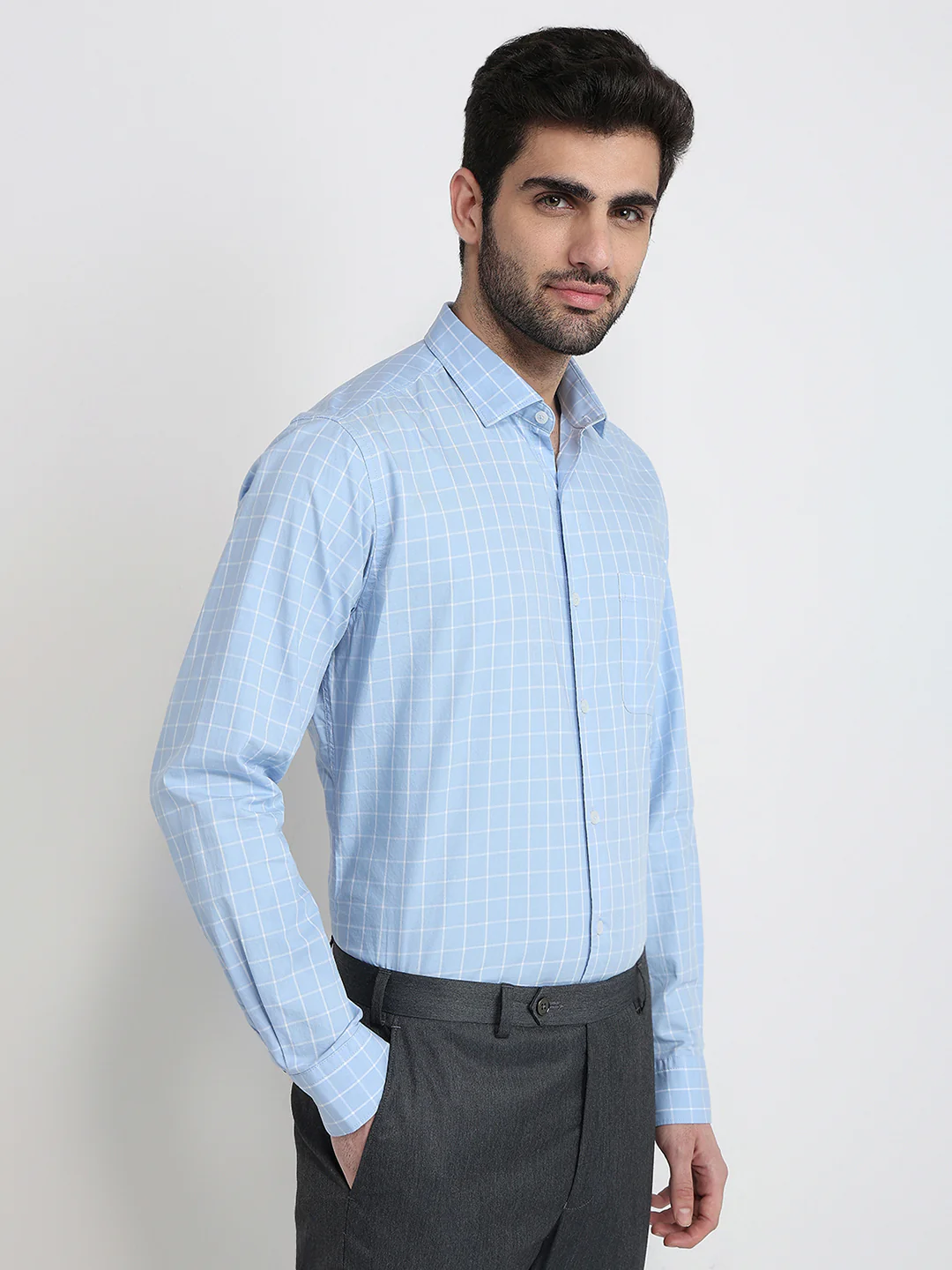Raymond Men Blue Checks Slim Fit Cotton Full Sleeve Cut Away Collar Casual Shirt - Image 3