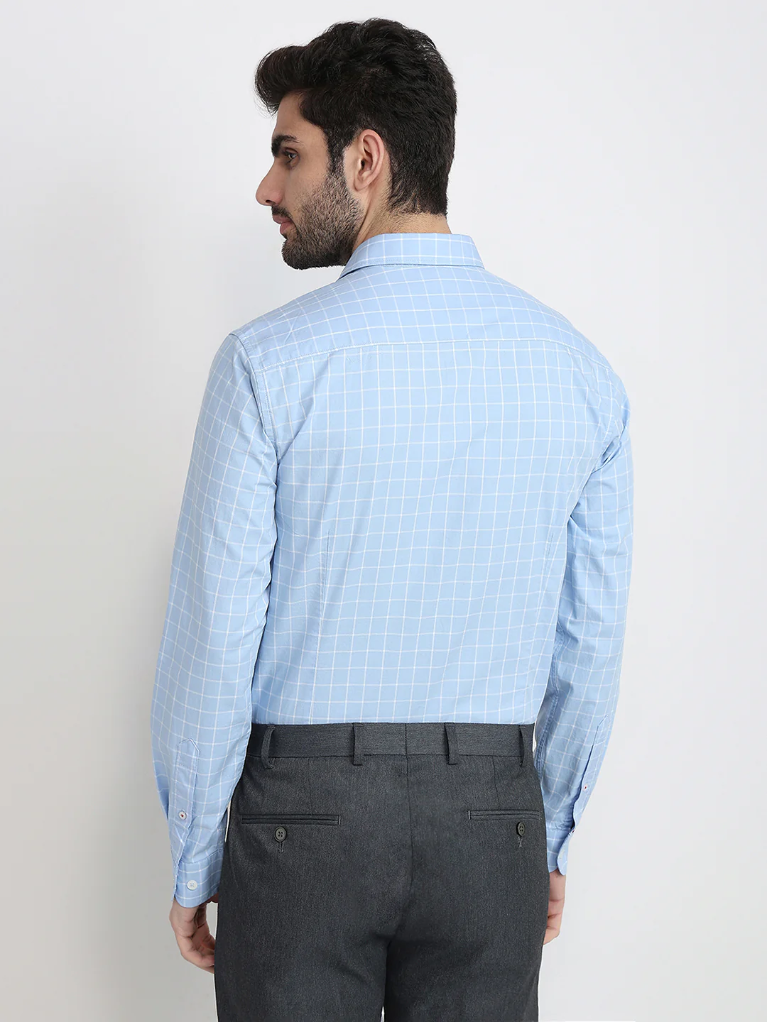 Raymond Men Blue Checks Slim Fit Cotton Full Sleeve Cut Away Collar Casual Shirt - Image 4