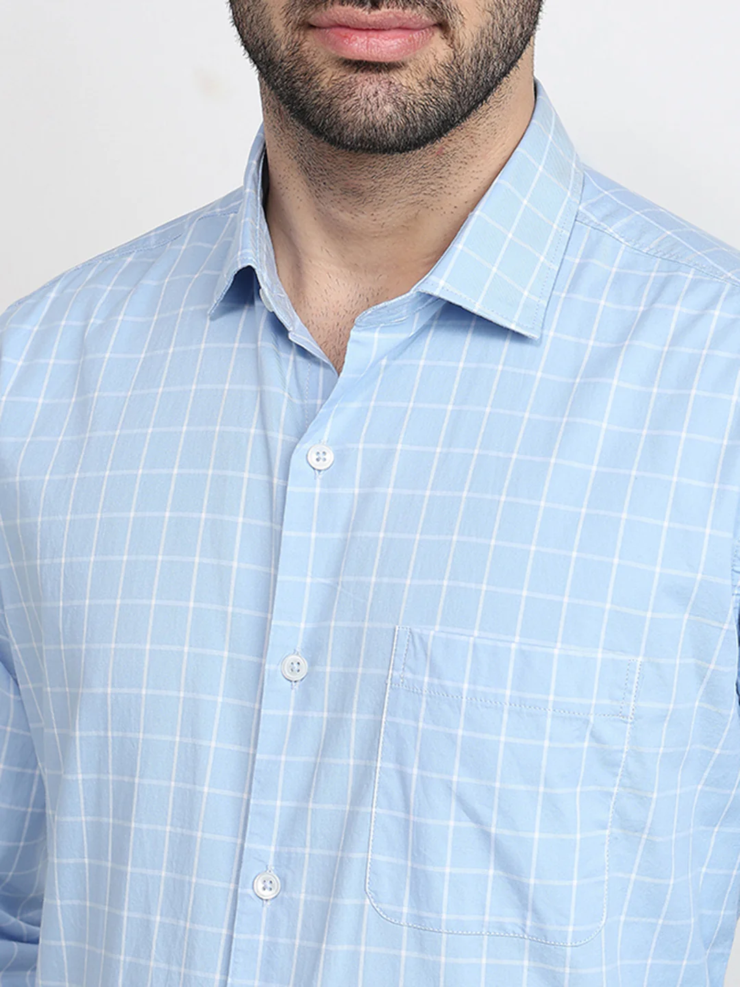 Raymond Men Blue Checks Slim Fit Cotton Full Sleeve Cut Away Collar Casual Shirt - Image 5