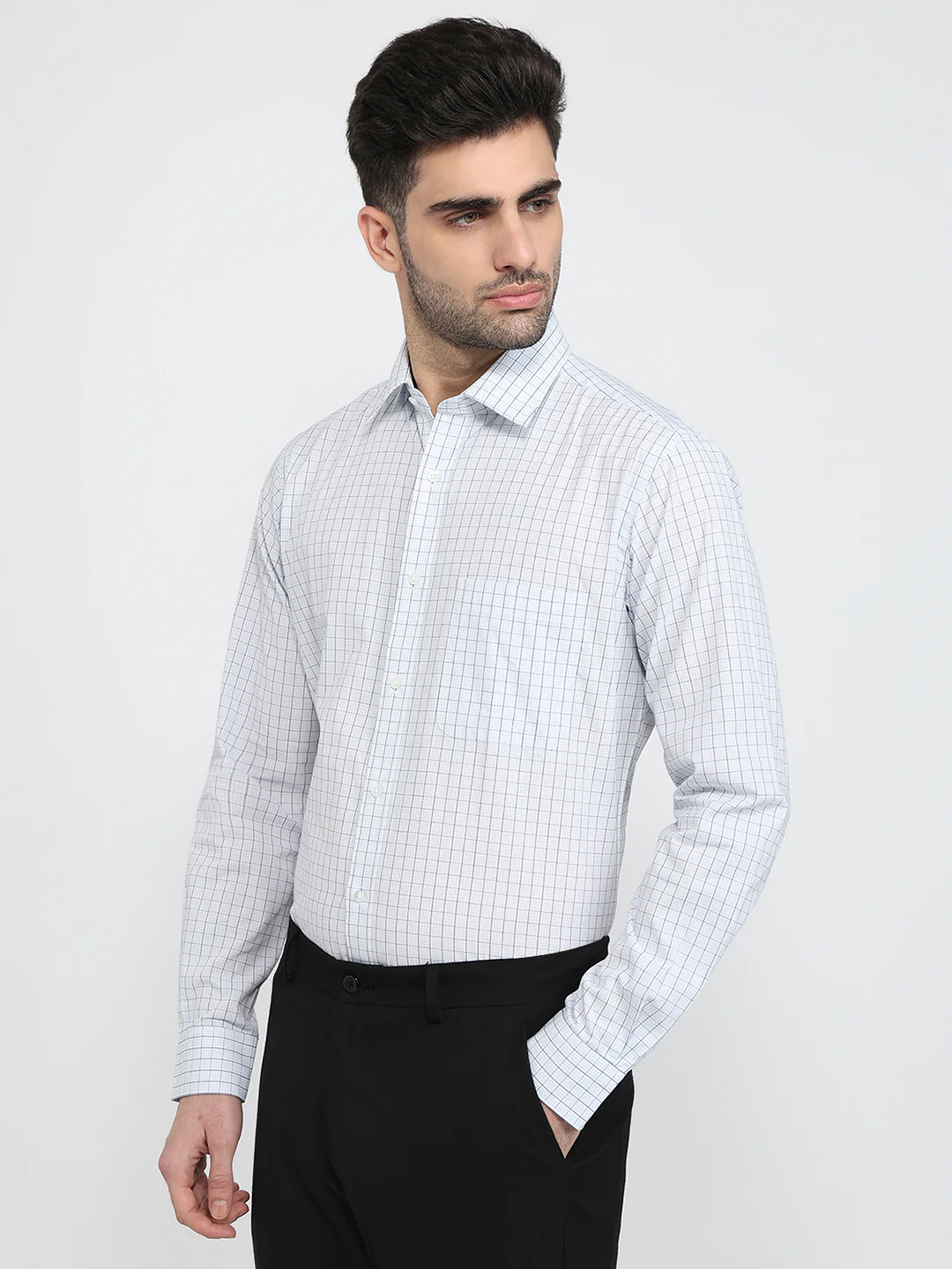Raymond Men Blue Checks Slim Fit Cotton Shirt - Image 2