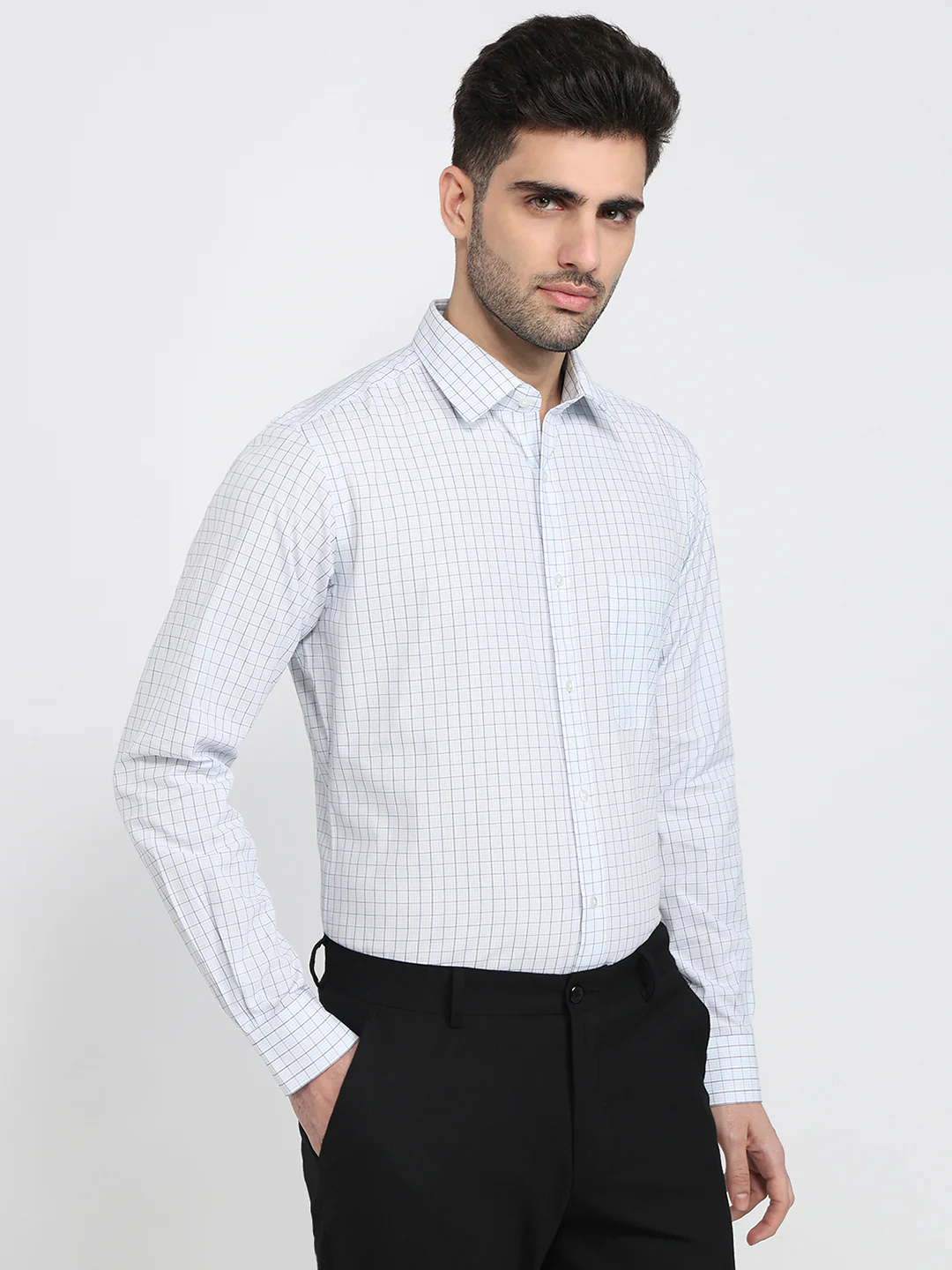 Raymond Men Blue Checks Slim Fit Cotton Shirt - Image 3