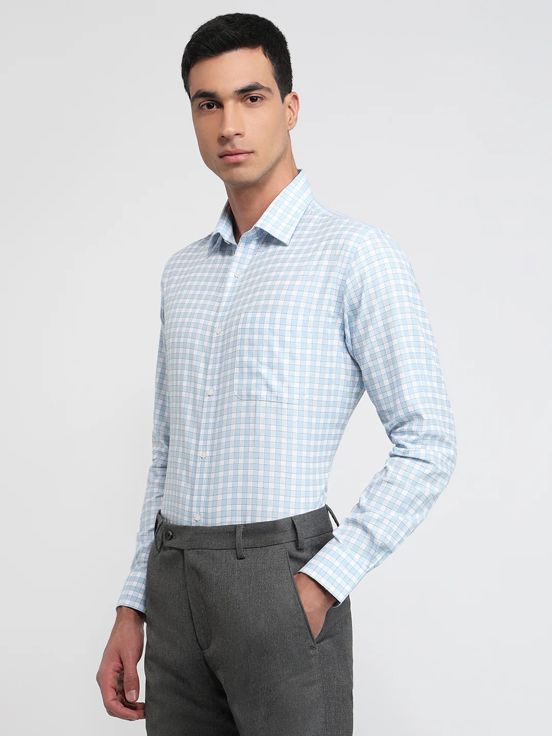 Raymond Men Blue Checks Slim Fit Cotton Shirt - Image 2