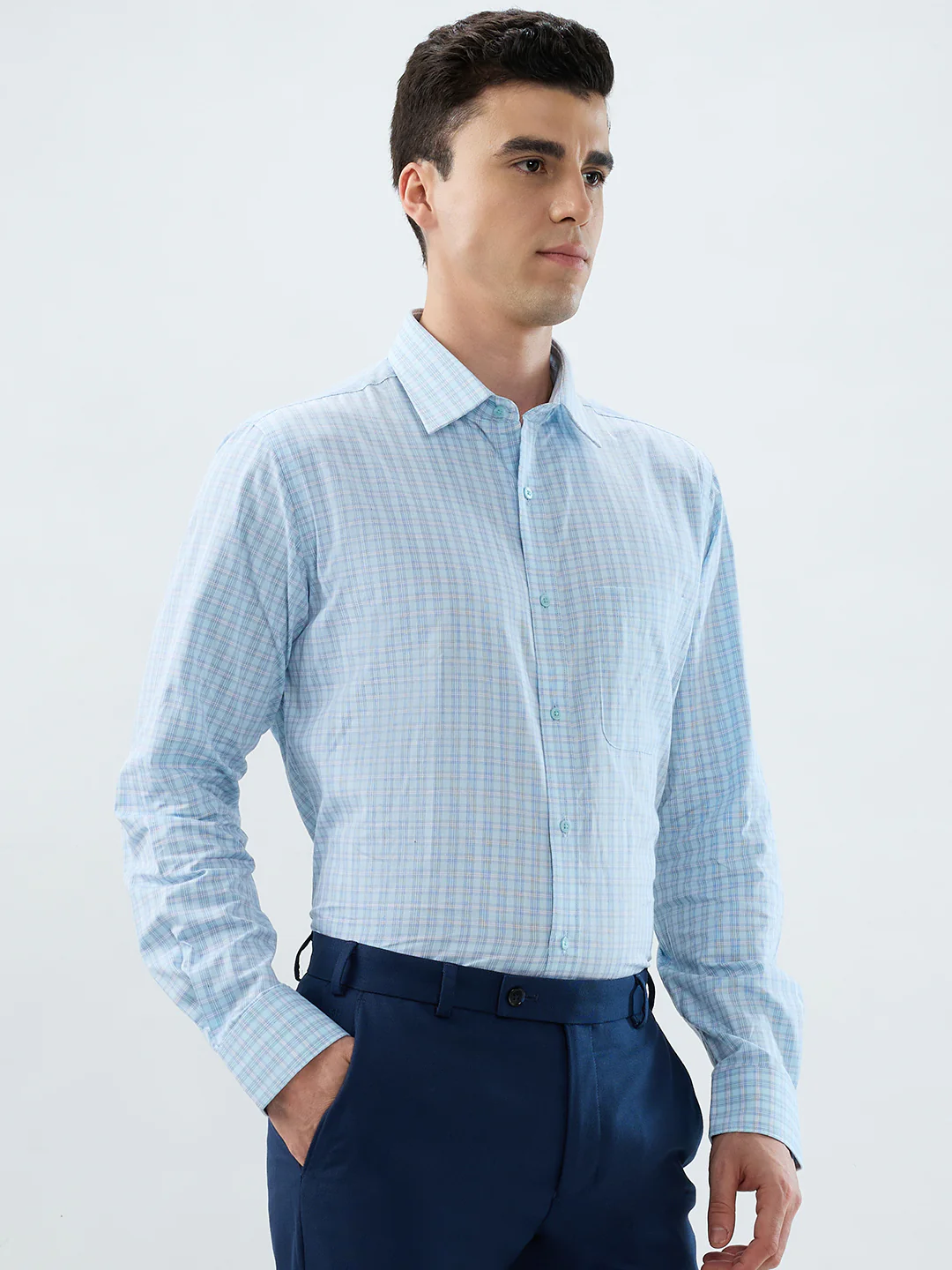 Raymond Men Blue Checks Slim Fit Cotton Shirt - Image 2