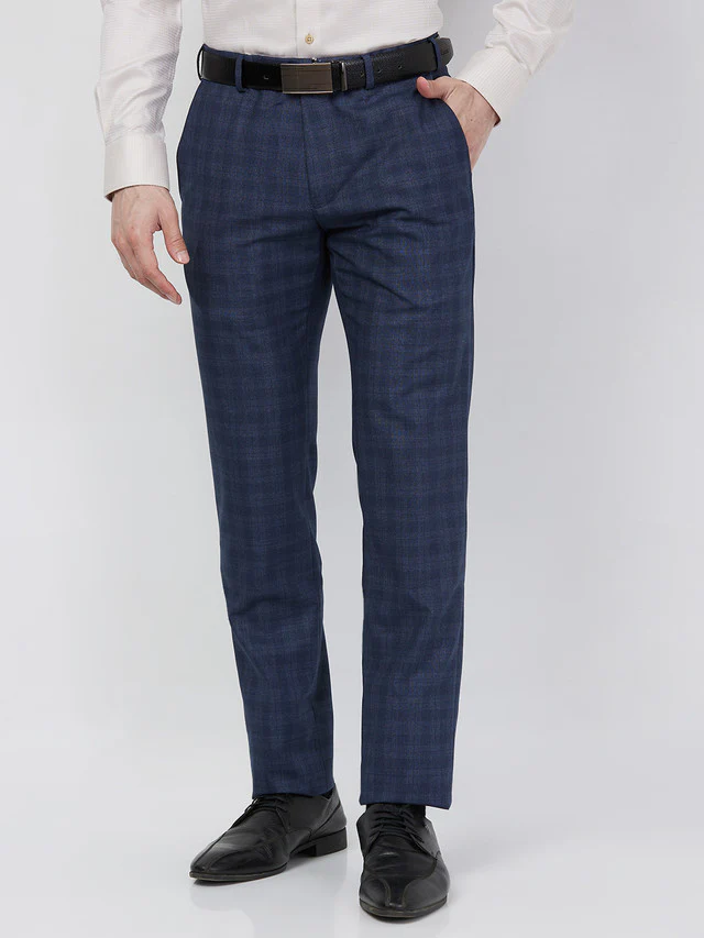 Raymond Men Blue Checks Slim Fit Polyester Blend Trouser